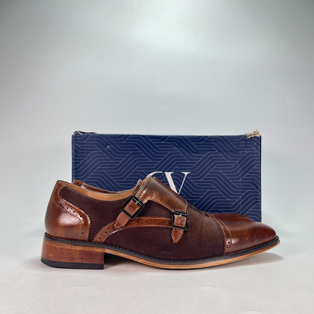 Gino Vitale Dark Brown Leather Double Monk Strap Brogue Dress Shoes Mens Size 11